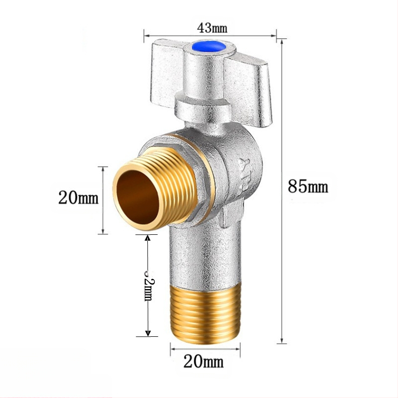 Месингов ъглов вентил за вграждане с голям поток и шаров клапан, за топла и студена вода; модел YLF1325; работно налягане 0.8 MPa; Ø20 мм; монтаж в стената; подходящ за тоалетни и бойлери