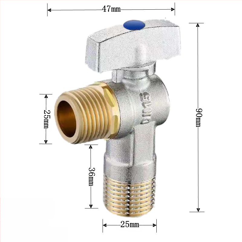 Месингов ъглов вентил за вграждане с голям поток и шаров клапан, за топла и студена вода; модел YLF1325; работно налягане 0.8 MPa; Ø20 мм; монтаж в стената; подходящ за тоалетни и бойлери
