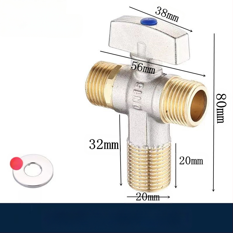 Месингов ъглов вентил за вграждане с голям поток и шаров клапан, за топла и студена вода; модел YLF1325; работно налягане 0.8 MPa; Ø20 мм; монтаж в стената; подходящ за тоалетни и бойлери
