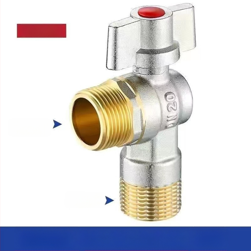 Месингов ъглов вентил за вграждане с голям поток и шаров клапан, за топла и студена вода; модел YLF1325; работно налягане 0.8 MPa; Ø20 мм; монтаж в стената; подходящ за тоалетни и бойлери