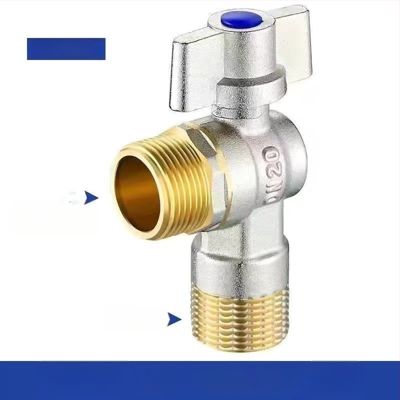 Месингов ъглов вентил за вграждане с голям поток и шаров клапан, за топла и студена вода; модел YLF1325; работно налягане 0.8 MPa; Ø20 мм; монтаж в стената; подходящ за тоалетни и бойлери