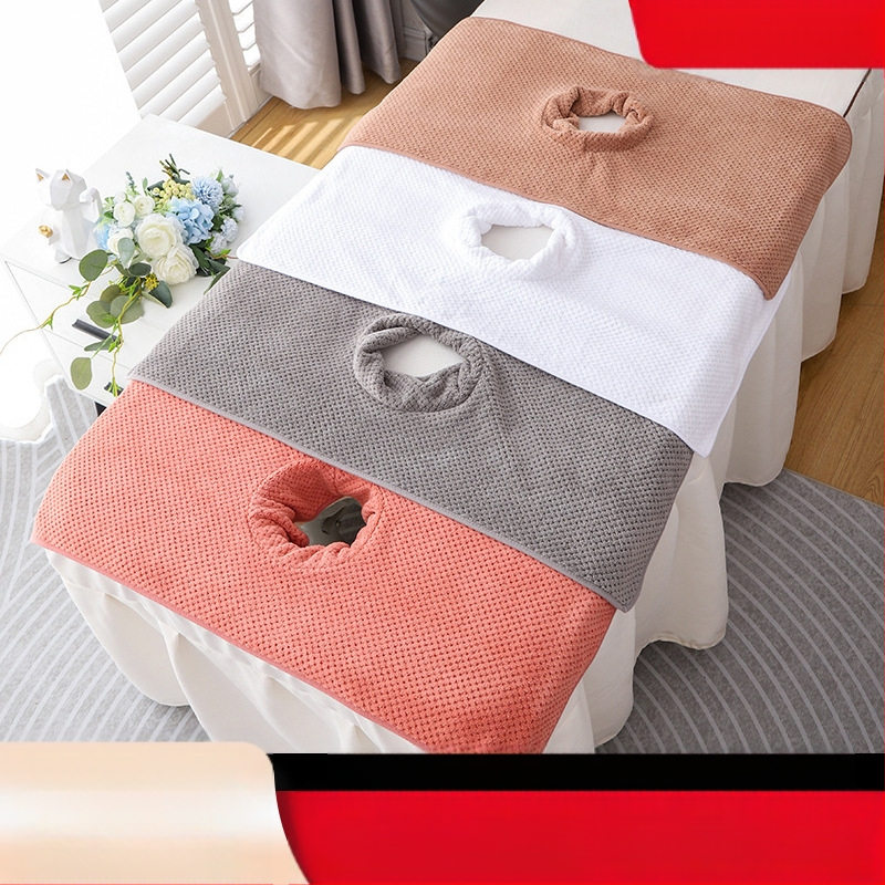 Grožio salono rankšluosčių komplektas su skylute masažo stalui ir veido pagalvėlei, Coral fleece 150D, aukštas/žemas pluoštas, logotipo pritaikymas