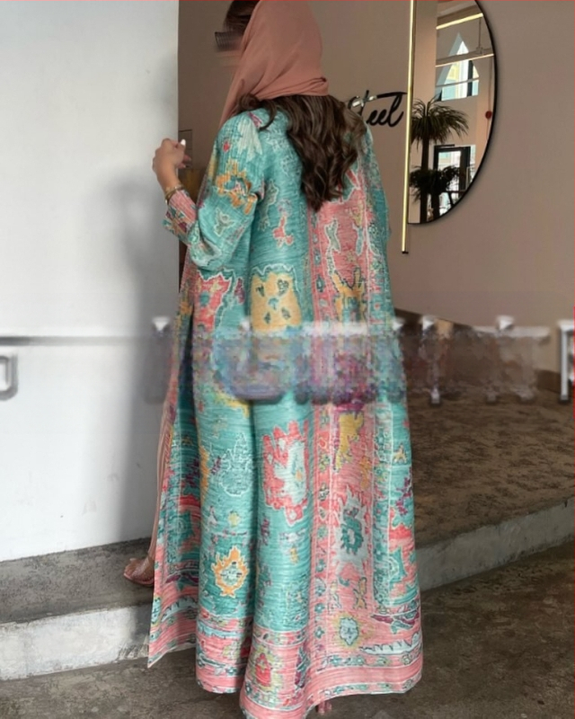 Plisuota moterų abaja su spausdintu raštu, laisvas kirpimas, ilgas rankovės, ilgas ilgis, poliesteris