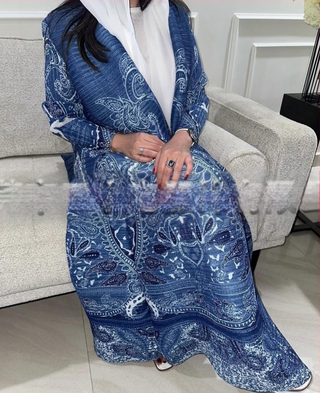 Plisuota moterų abaja su spausdintu raštu, laisvas kirpimas, ilgas rankovės, ilgas ilgis, poliesteris