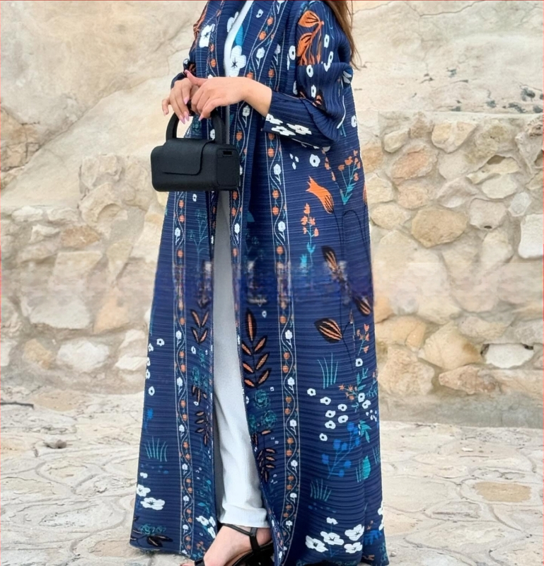 Plisuota moterų abaja su spausdintu raštu, laisvas kirpimas, ilgas rankovės, ilgas ilgis, poliesteris