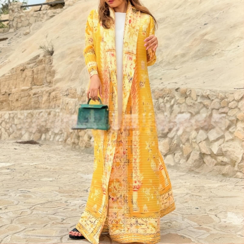 Plisuota moterų abaja su spausdintu raštu, laisvas kirpimas, ilgas rankovės, ilgas ilgis, poliesteris