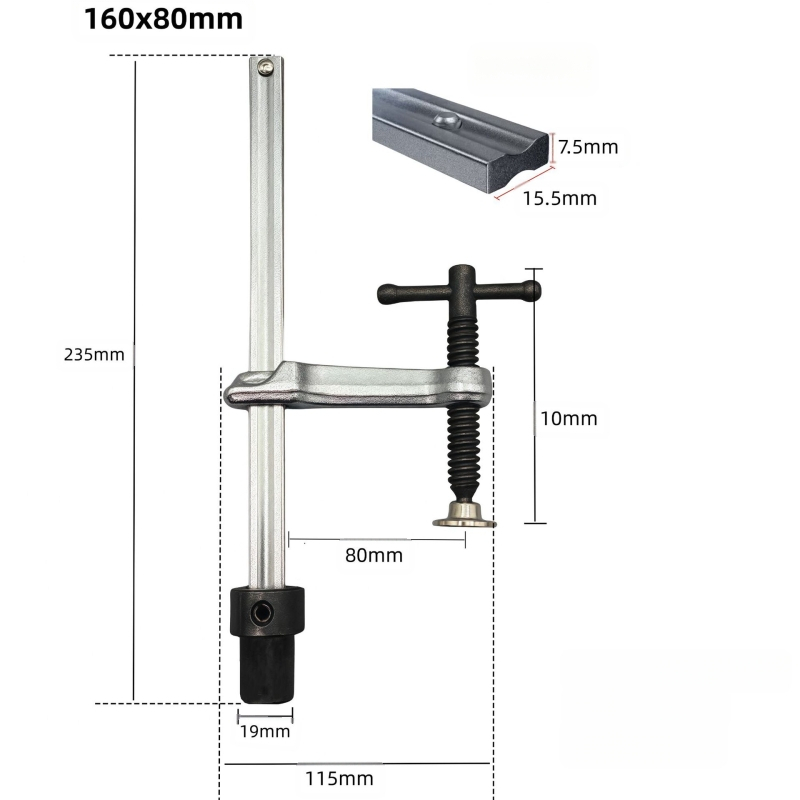 F-образна зажимна клипса за заваръчни и дървообработващи маси — 3D гъвкава платформа, бързо фиксиране, материал: хром ванадий стомана, тегло 0.5 кг