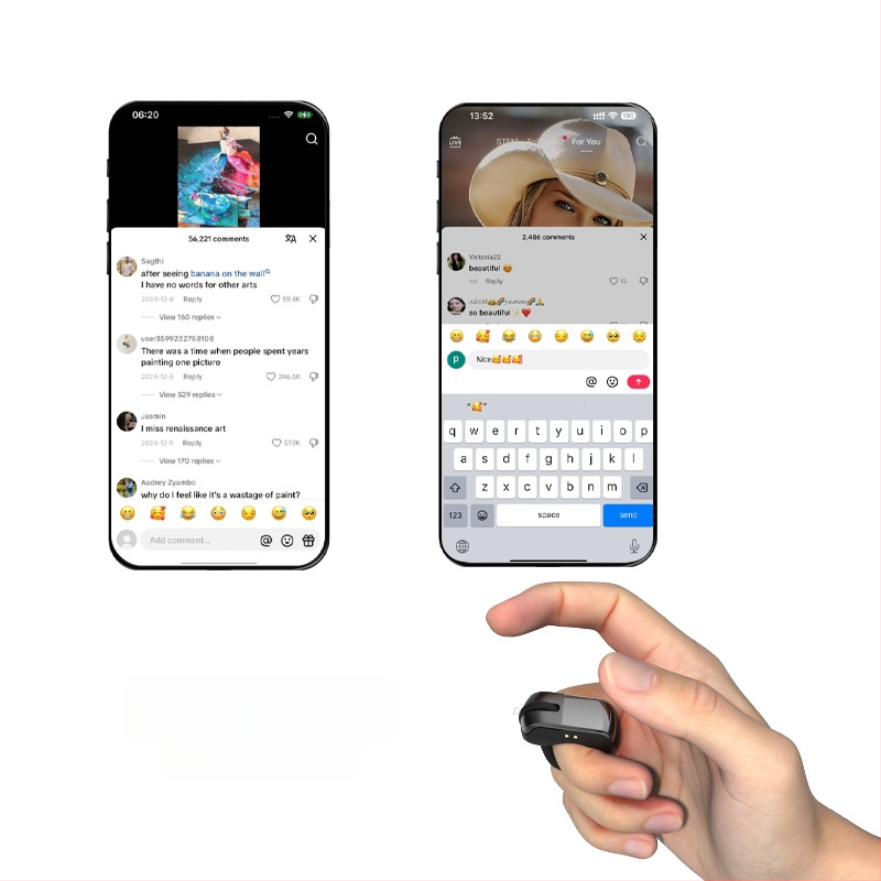 Безжичен пръстен Bluetooth дистанционно за телефон – Selfie, превъртане на страници, харесвания и коментари; 2.4G/BT, обхват 10 м, Type-C, ABS, модел D06, за Android, Apple, Microsoft