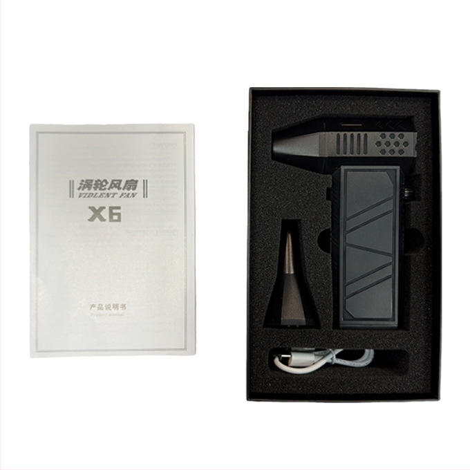 Rankinis turbininis ventiliatorius su be šepetėlių motoru, įmontuota 4000 mAh baterija, bepakopė greičio kontrolė, triukšmas 37–45 dB, baterijos veikimo laikas 1–3 valandos