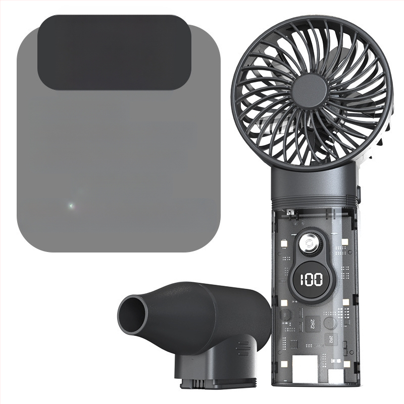 Rankinis turbininis ventiliatorius su be šepetėlių motoru, įmontuota 4000 mAh baterija, bepakopė greičio kontrolė, triukšmas 37–45 dB, baterijos veikimo laikas 1–3 valandos