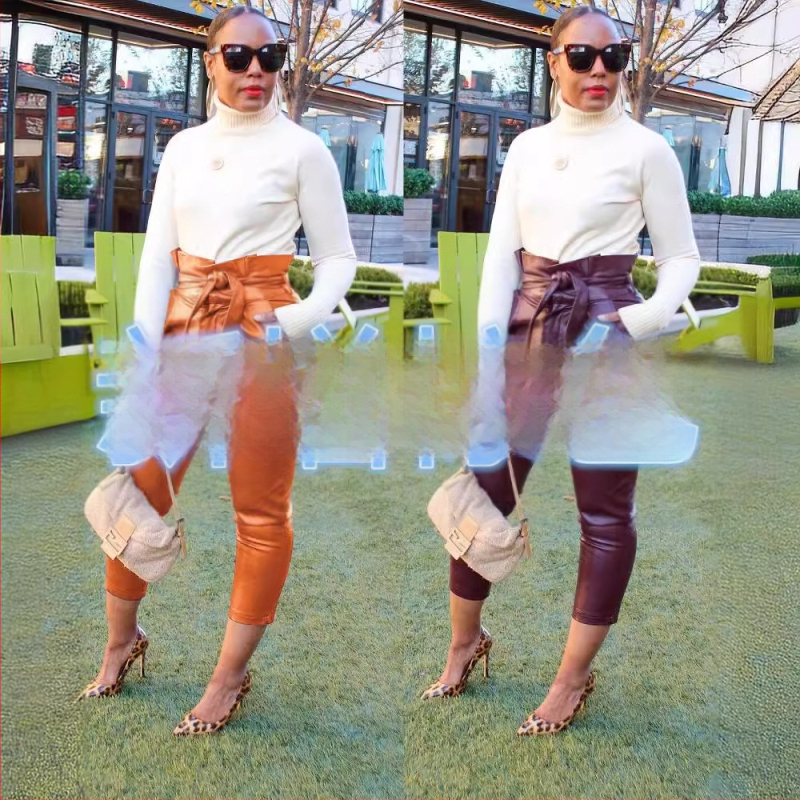 Дамски ежедневни PU панталони, висока талия, тесен силует, дължина до глезена, градски стил