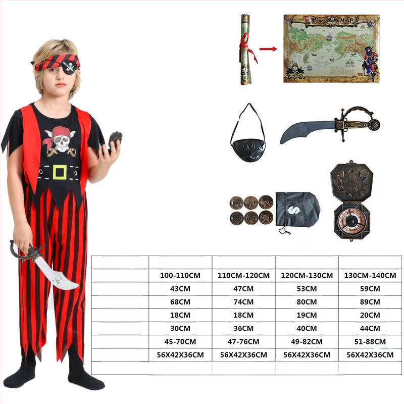Детски пиратски костюм за Хелоуин за сценично представление — унисекс, трикотажен полиестер със спандекс, 70–80% полиестер, под 30% спандекс, подходящ за деца до 17 години, сценично облекло