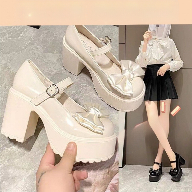 Mary Jane moterų batai - PU viršus, apvalus priekis, žemas storas kulnas, guma padas, gatvės stilius