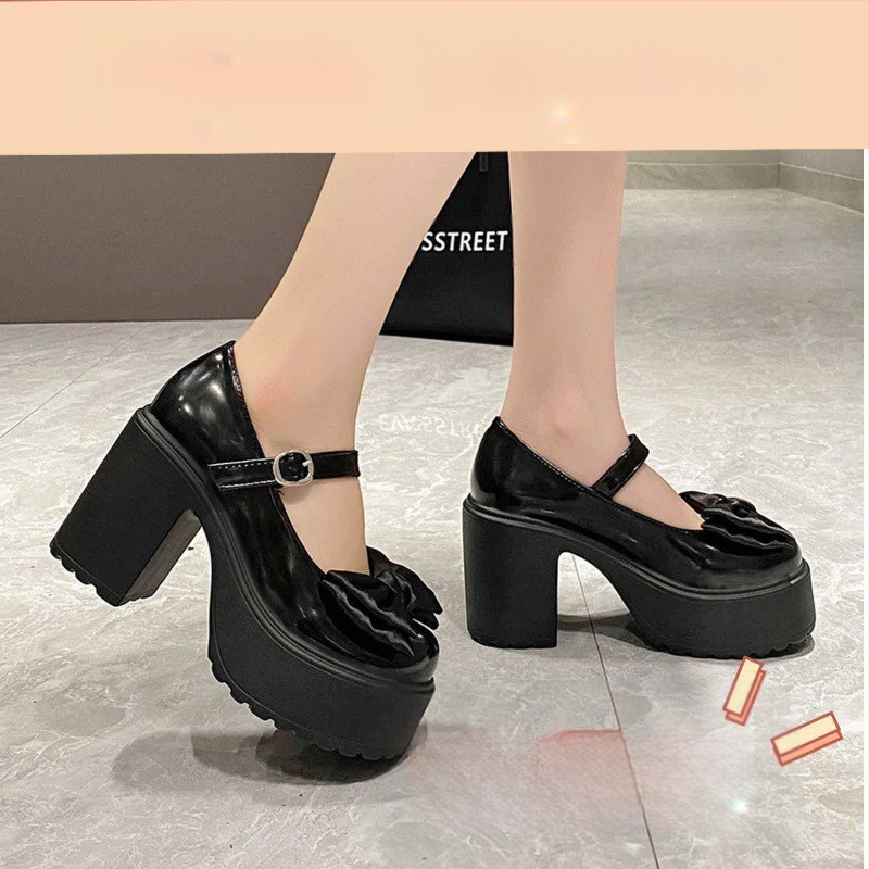 Mary Jane moterų batai - PU viršus, apvalus priekis, žemas storas kulnas, guma padas, gatvės stilius