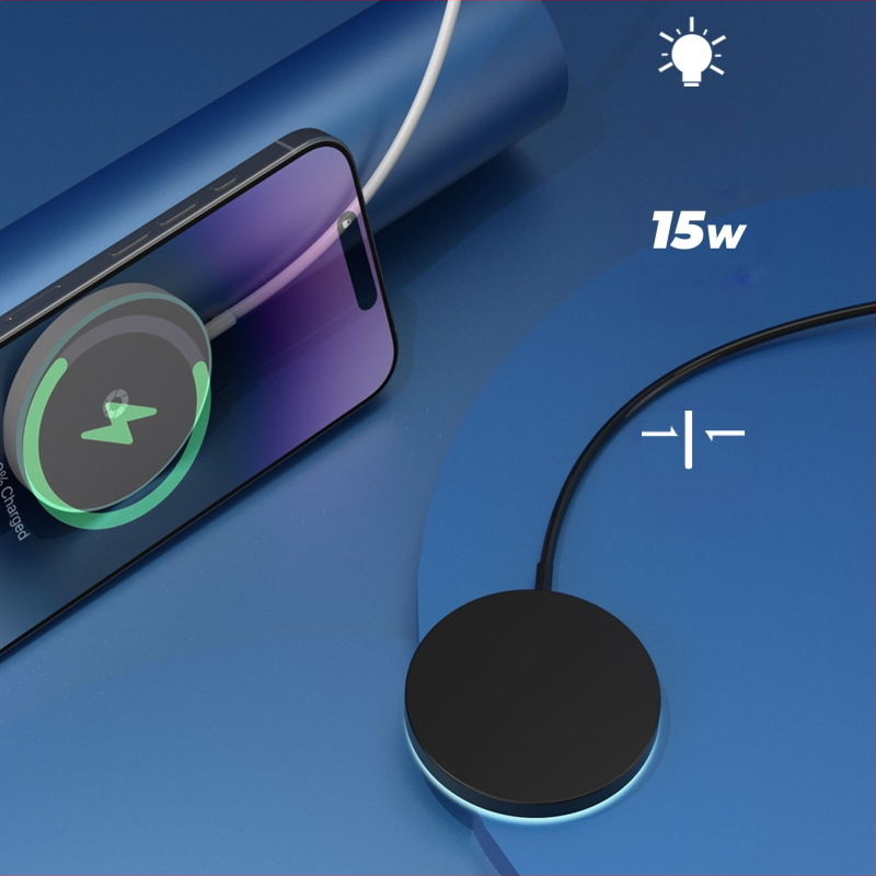 Apvalus magnetinis belaidis įkrovėjas su atmosferiniu apšvietimu, MagSafe suderinamas, 15W QC3.0, CE/FCC/ROHS sertifikatai