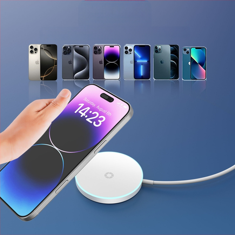 Apvalus magnetinis belaidis įkrovėjas su atmosferiniu apšvietimu, MagSafe suderinamas, 15W QC3.0, CE/FCC/ROHS sertifikatai