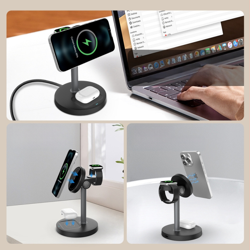 Menoway 15W безжично зарядно док-станция 3-в-1 за Apple iPhone QC3.0, CE/ROHS, 3A изход