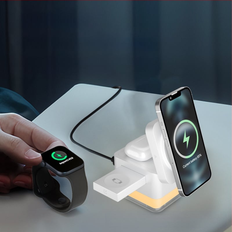 Încărcător wireless cu aliniere magnetică și lampă de noapte pentru iPhone, Apple Watch și AirPods; încărcare Qi rapidă până la 15W, ieșire 3A, putere totală 23W
