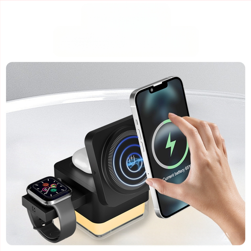 Bekontaktinis belaidis įkroviklis su magnetine išlyginimo ir naktiniu apšvietimu iPhone, Apple Watch ir AirPods; Qi greitas įkrovimas iki 15W, išvestis 3A, bendra galia 23W