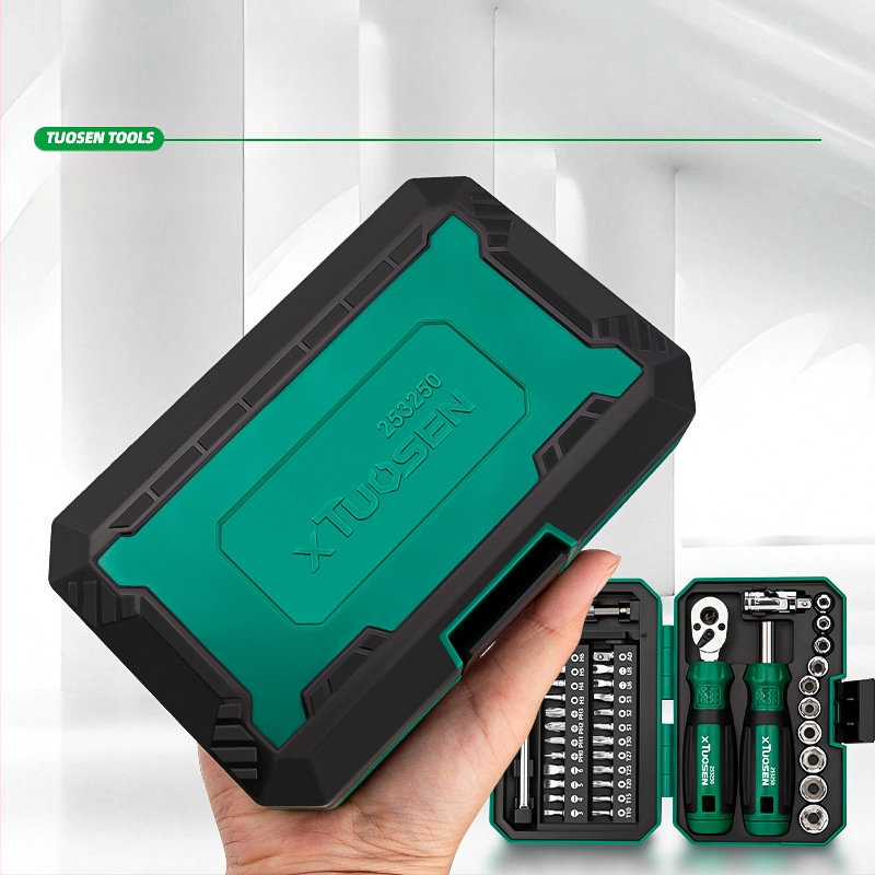 Tuosen ratchet veržtuvų rinkinys su keičiamais bitais, kryžminė ir plokščia galvutė, anglies plienas