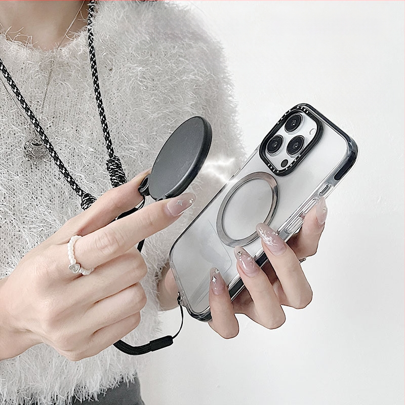 Pandantiv magnetic pentru telefon – două culori, compatibil MagSafe, șnur țesut pentru gât