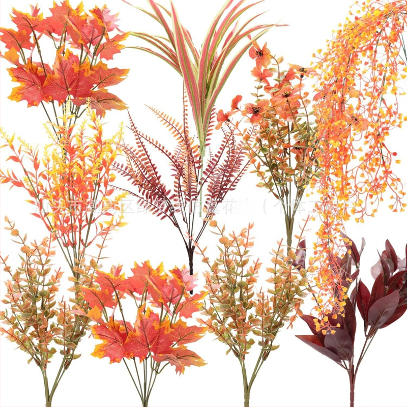 Plastikiniai dirbtinių gėlių rinkinys su eukaliptu, klevų lapais ir violetine dekoracijoms namuose ir lauke (Medžiaga: plastikas; Gamyba: injekcinis formavimas; Įvairovė: eukaliptas; Naudojimas: vestuvės, lauke, fotografijos rekvizitai, namų dekoras)