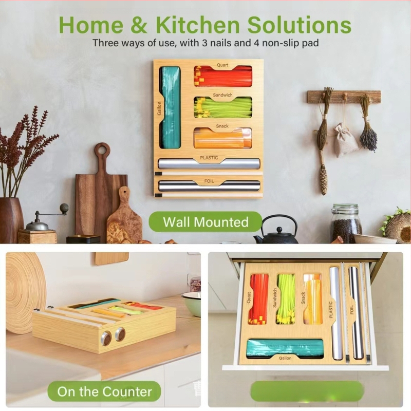 Medinė sieninė virtuvės plėvelės laikymo dėžutė su pjovimo įrankiu – šiuolaikinis stilius, daugiafunkcinė, pritaikoma ir logotipo spausdinimas