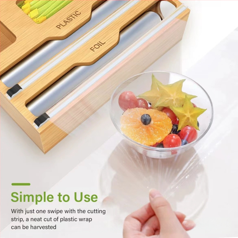 Medinė sieninė virtuvės plėvelės laikymo dėžutė su pjovimo įrankiu – šiuolaikinis stilius, daugiafunkcinė, pritaikoma ir logotipo spausdinimas