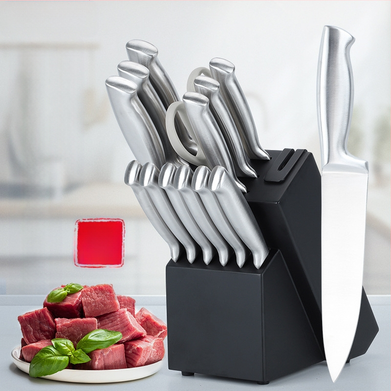 16 dalių nerūdijančio plieno virtuvinių peilių rinkinys su tuščiavidure rankena, 3Cr serijos ašmenys, įmontuotas šlifuoklis ir masyvaus medžio peilių laikiklis