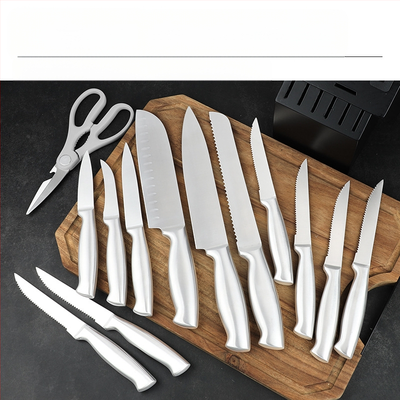16 dalių nerūdijančio plieno virtuvinių peilių rinkinys su tuščiavidure rankena, 3Cr serijos ašmenys, įmontuotas šlifuoklis ir masyvaus medžio peilių laikiklis