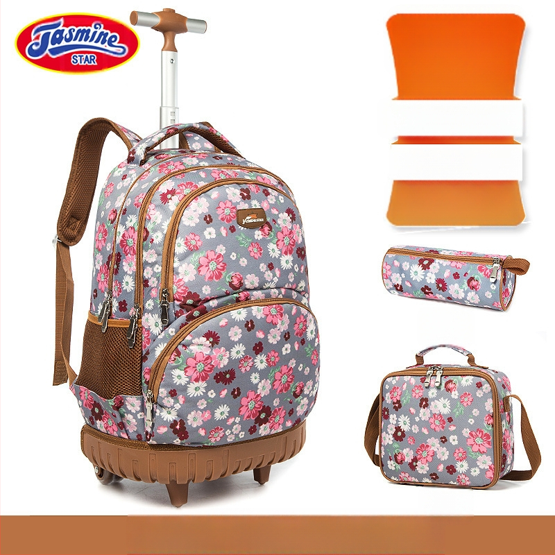 Trys dalių riedančių mokyklinių kuprinių komplektas pradiniam mokiniui — Oxford audinys, gėlių raštas, kvėpuojantis ir naštos lengvinimas