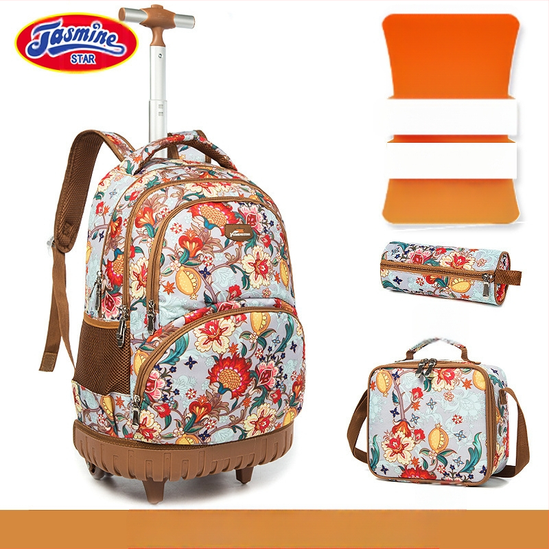 Trys dalių riedančių mokyklinių kuprinių komplektas pradiniam mokiniui — Oxford audinys, gėlių raštas, kvėpuojantis ir naštos lengvinimas