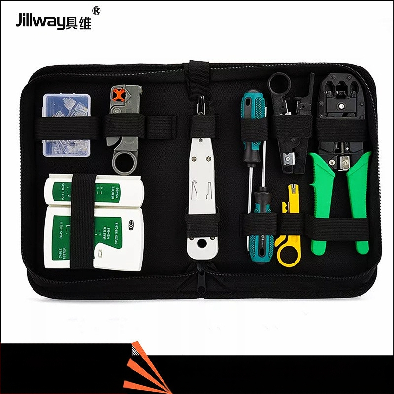 Jillway мрежов комплект инструменти с тестер за кабели и RJ45 конектори — инструменти от въглеродна стомана за монтаж и поддръжка на мрежи