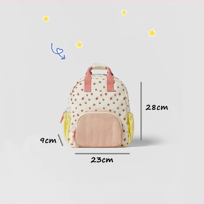 Pamut vászon hátizsák óvodások számára mindennapi használatra, eper mintával, ultra könnyű és lélegző, ívelt vállpántok, belső pamut bélés