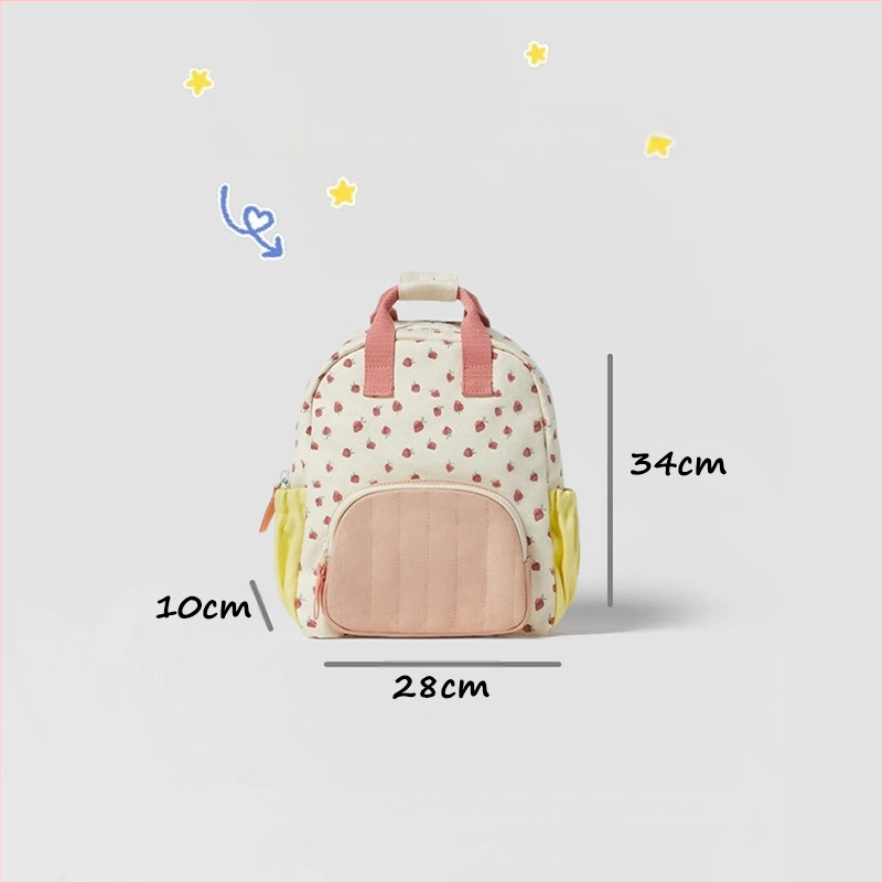 Pamut vászon hátizsák óvodások számára mindennapi használatra, eper mintával, ultra könnyű és lélegző, ívelt vállpántok, belső pamut bélés