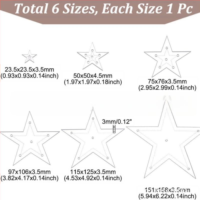 Žvaigždės formos akriliniai siuvimo šablonai, 6 vnt. rinkinys, dėžutėje dovanoms