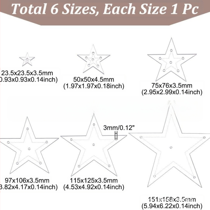 Žvaigždės formos akriliniai siuvimo šablonai, 6 vnt. rinkinys, dėžutėje dovanoms