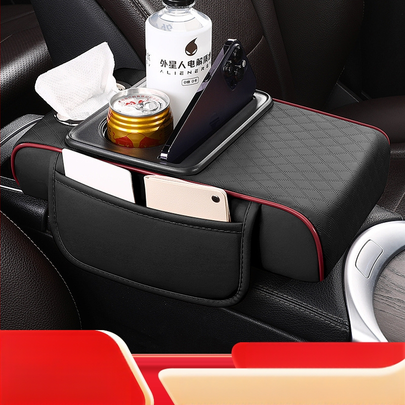 Кожен подлакътник за автомобил с отдел за съхранение и кутия за салфетки; универсален модел; марка City Embroidery; без персонализация.