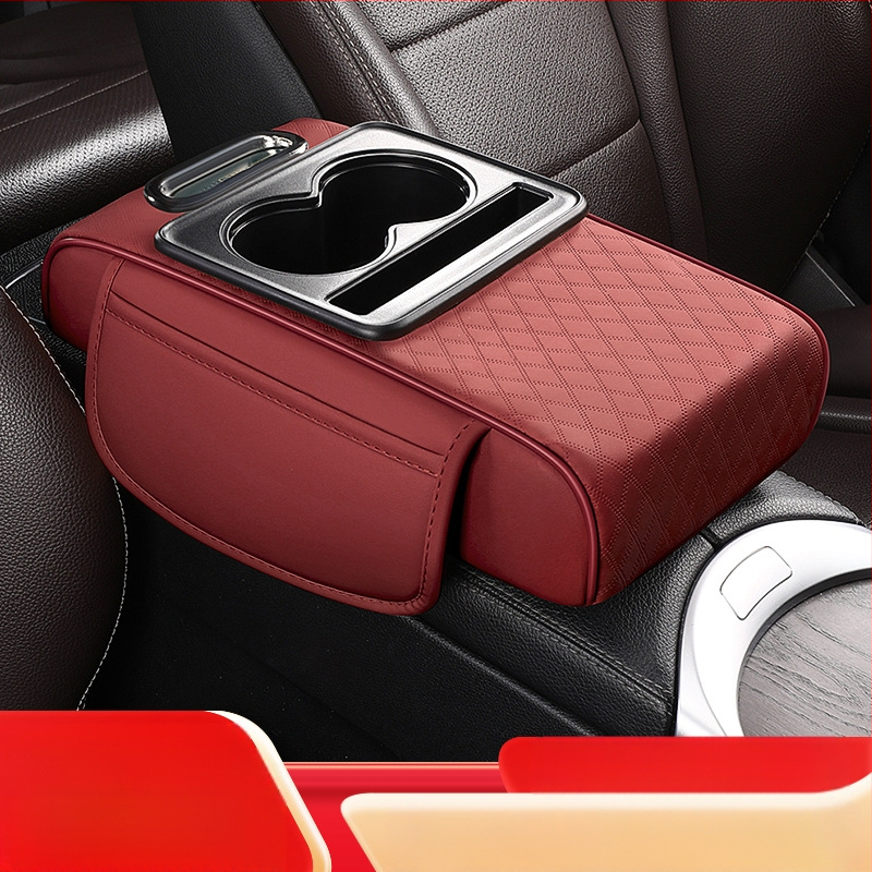 Кожен подлакътник за автомобил с отдел за съхранение и кутия за салфетки; универсален модел; марка City Embroidery; без персонализация.