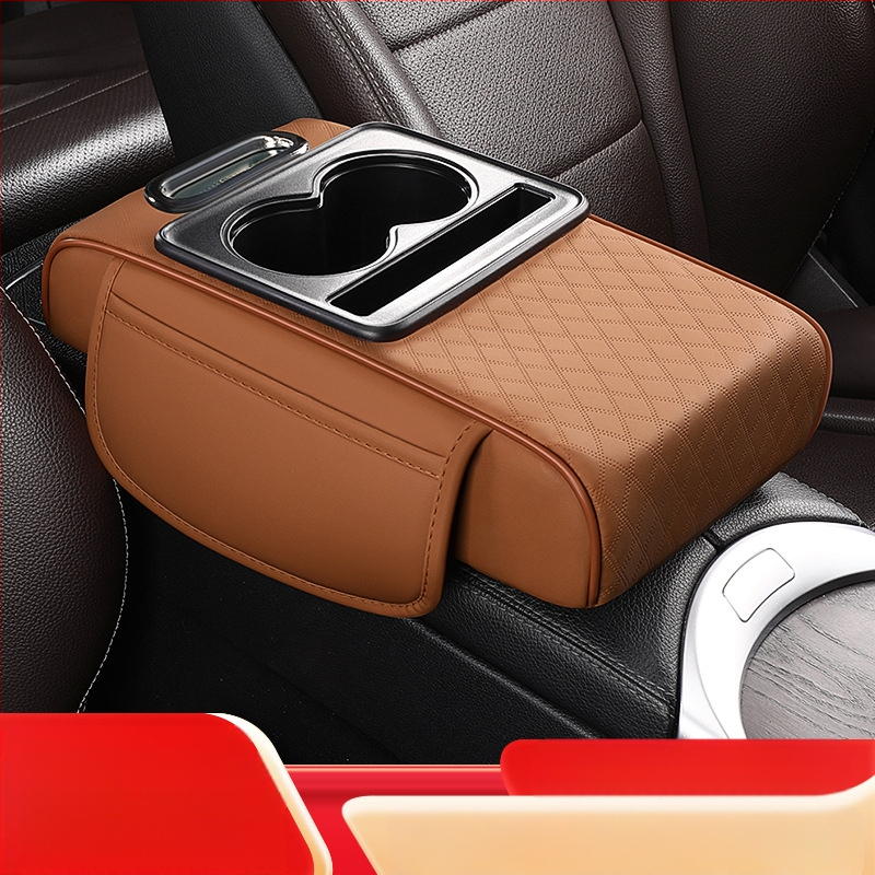 Кожен подлакътник за автомобил с отдел за съхранение и кутия за салфетки; универсален модел; марка City Embroidery; без персонализация.
