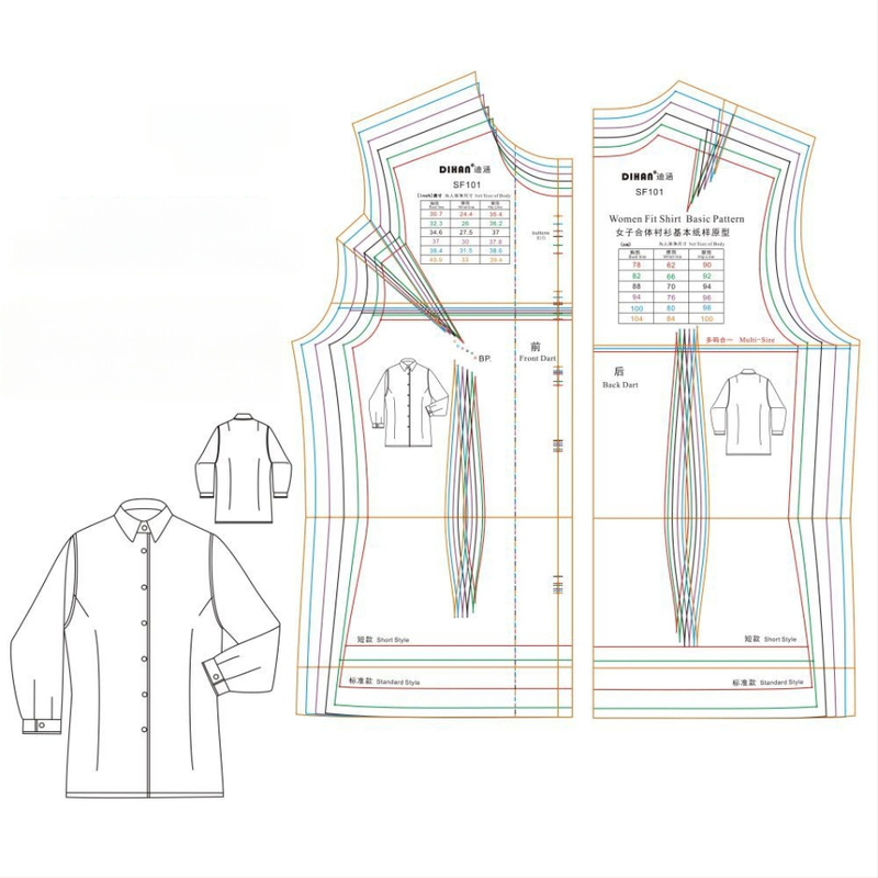 Șablon de croi pentru cămașa femeilor – prototip de bază, material plastic transparent, mărimi multiple, set de 24 buc.