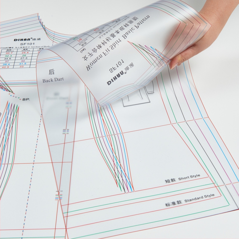 Moterų marškinėlių modelio šablonas – bazinis prototipas, skaidrus plastikas, keli dydžiai, 24 vnt dėžutėje.