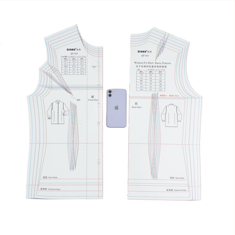 Moterų marškinėlių modelio šablonas – bazinis prototipas, skaidrus plastikas, keli dydžiai, 24 vnt dėžutėje.