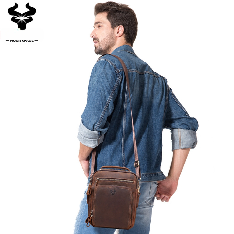 HUMERPAUL Vyriška pečių rankinė iš natūralios odos – viršutinis karvės odos sluoksnis, poliesterio pamušalas, model HL-MH573