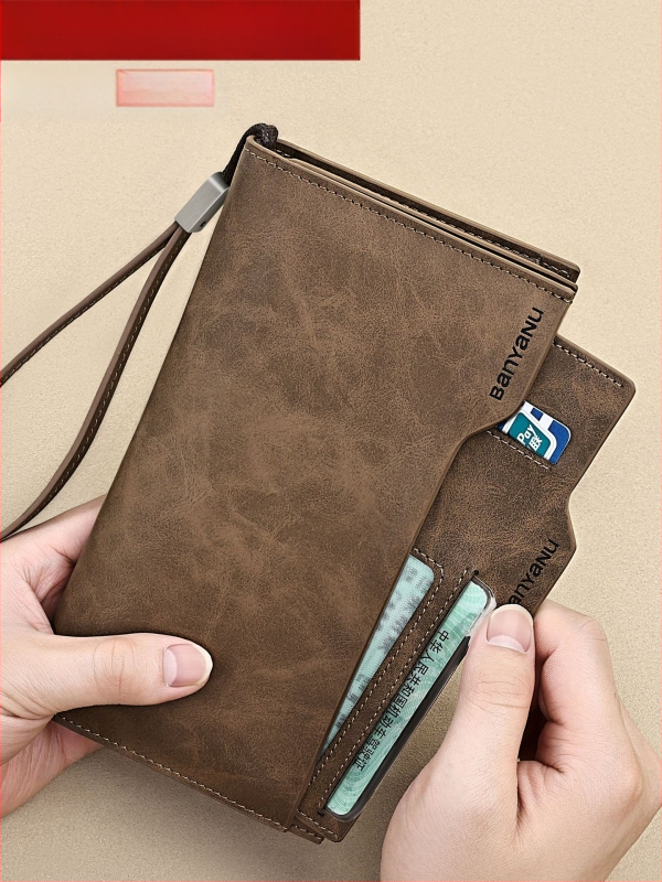 Vyriška odinė piniginė su daug kortelių skyrių, didelė talpa, atskiriamas vairuotojo pažymėjimo skyrius, gradientinis raštas, miestietiškas minimalistinis stilius
