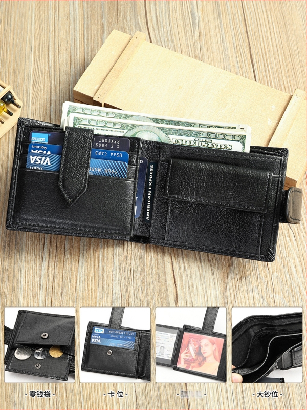 Мъжки портфейл от естествена кожа — къс портфейл с отделение за карти, многофункционален, кожа от горен слой кравешка, уличен стил