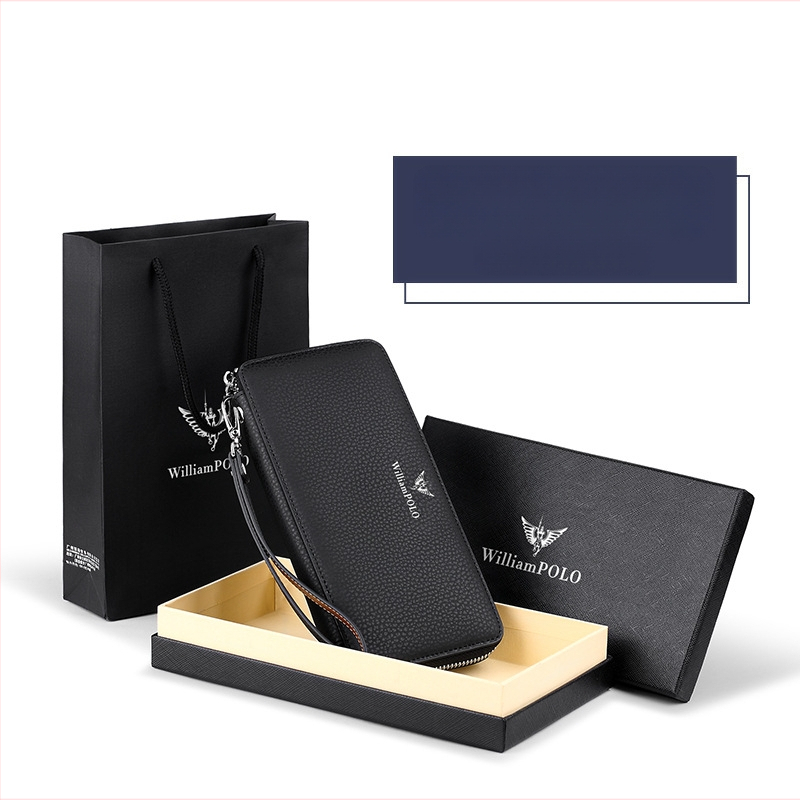 King Paul мъжки дълъг портфейл от кожа с цип – бизнес стил, едноцветен, анти-крадба функция, полиестерна облицовка