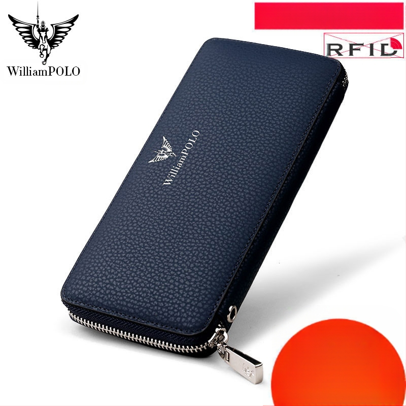 King Paul мъжки дълъг портфейл от кожа с цип – бизнес стил, едноцветен, анти-крадба функция, полиестерна облицовка