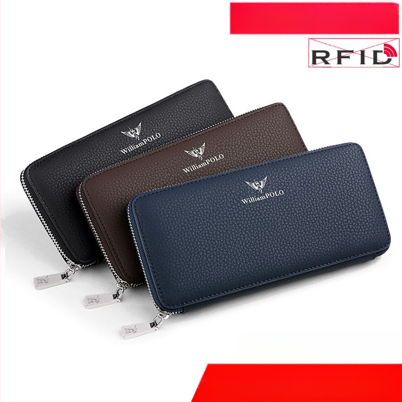 King Paul мъжки дълъг портфейл от кожа с цип – бизнес стил, едноцветен, анти-крадба функция, полиестерна облицовка