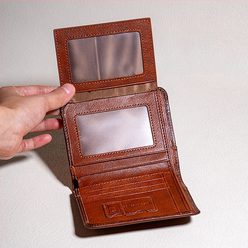 Мъжки портфейл от естествена кожа, първи слой телешка кожа, компактен трипореден дизайн с джобове за карти, подплата от полиестер
